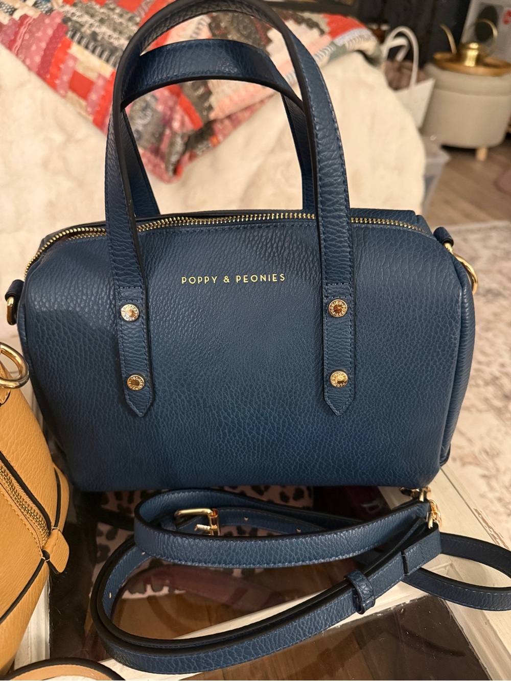 Poppy & Peonies Navy vegan leather out and about